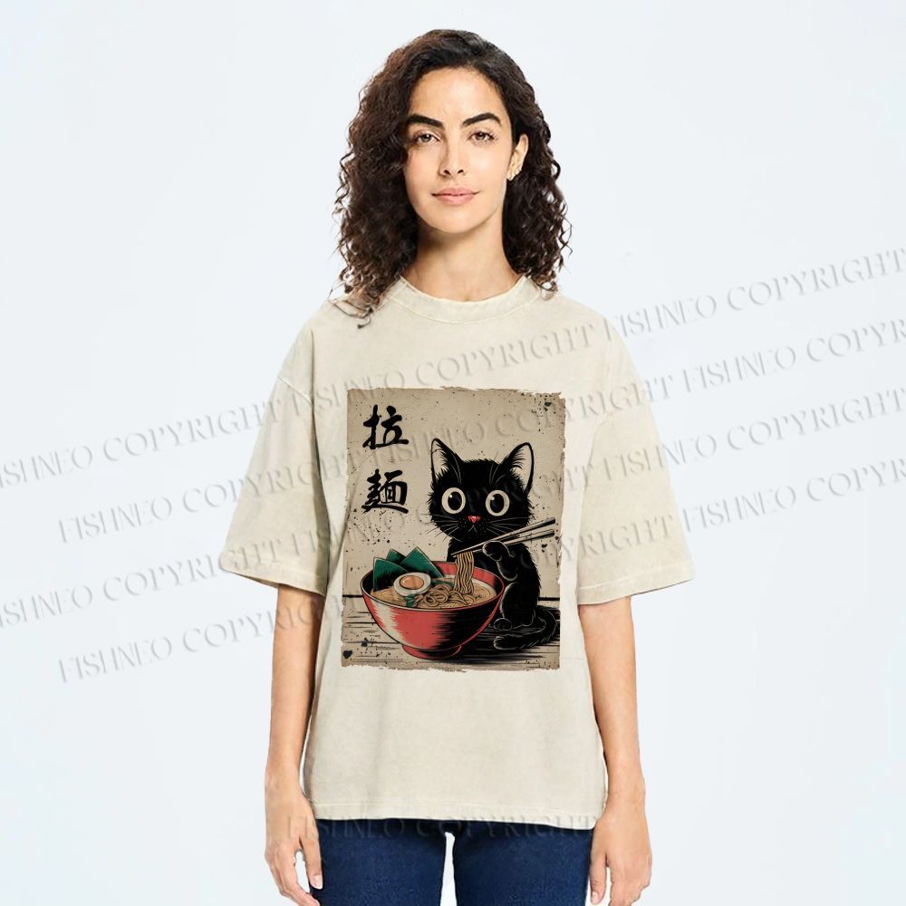 Unisex Adorable Black Cat Enjoying Ramen Printed Washed Tee