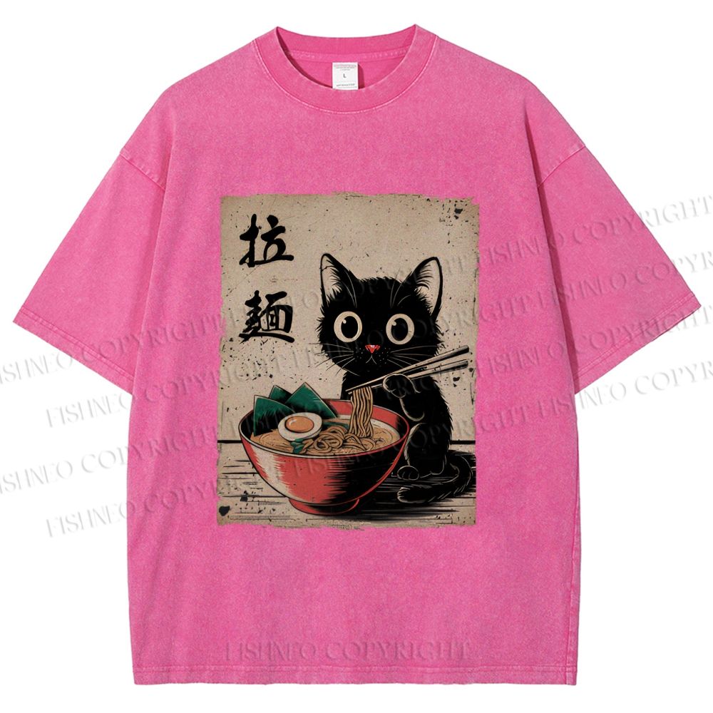 Unisex Adorable Black Cat Enjoying Ramen Printed Washed Tee