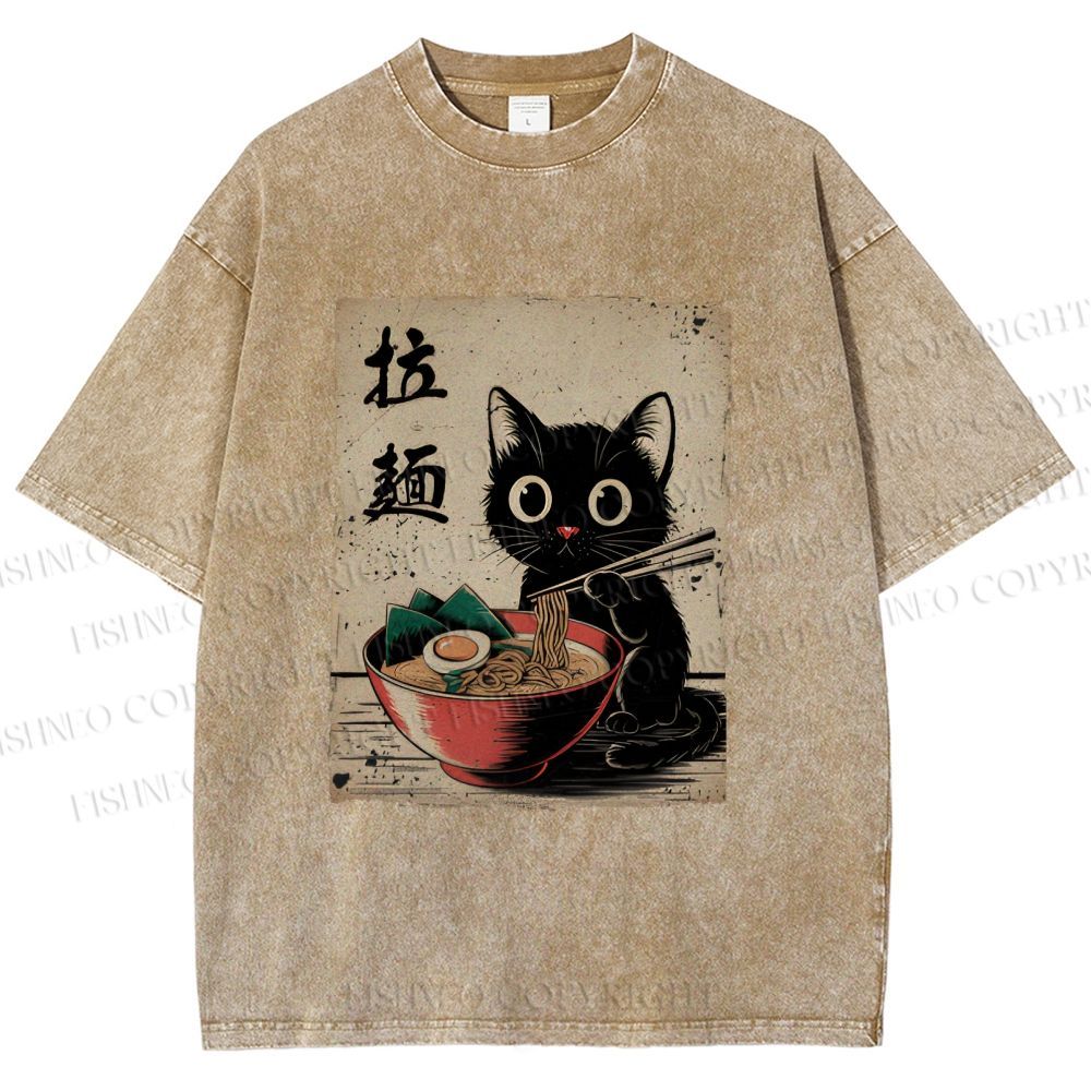 Unisex Adorable Black Cat Enjoying Ramen Printed Washed Tee