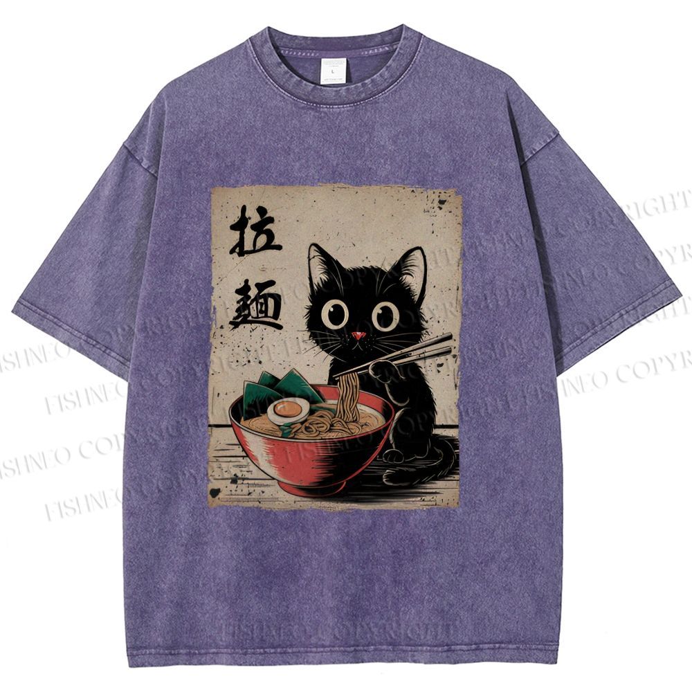 Unisex Adorable Black Cat Enjoying Ramen Printed Washed Tee