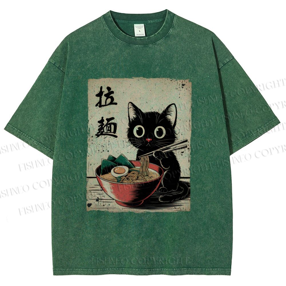 Unisex Adorable Black Cat Enjoying Ramen Printed Washed Tee
