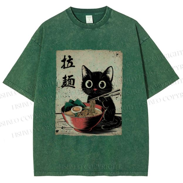 Unisex Adorable Black Cat Enjoying Ramen Printed Washed Tee