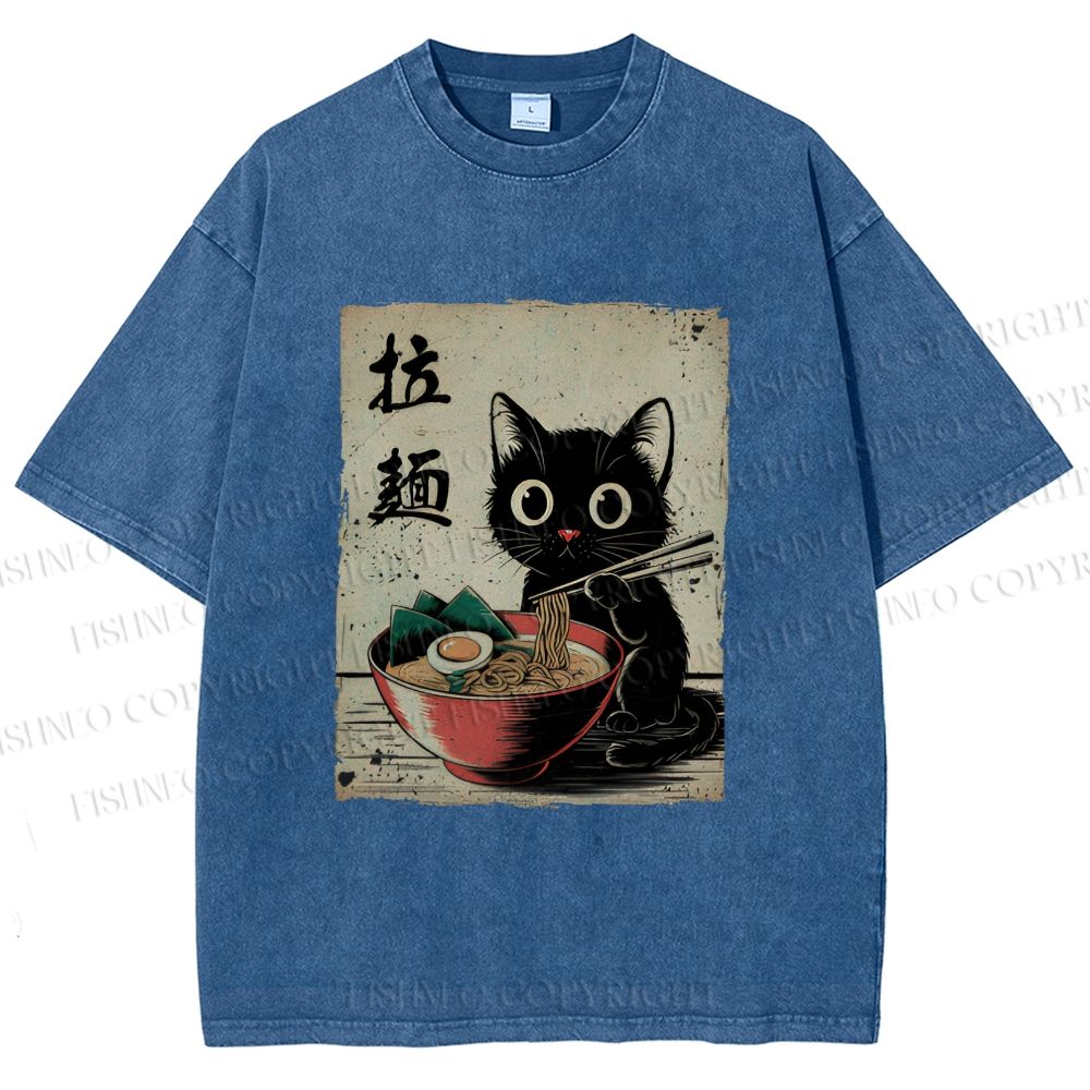 Unisex Adorable Black Cat Enjoying Ramen Printed Washed Tee