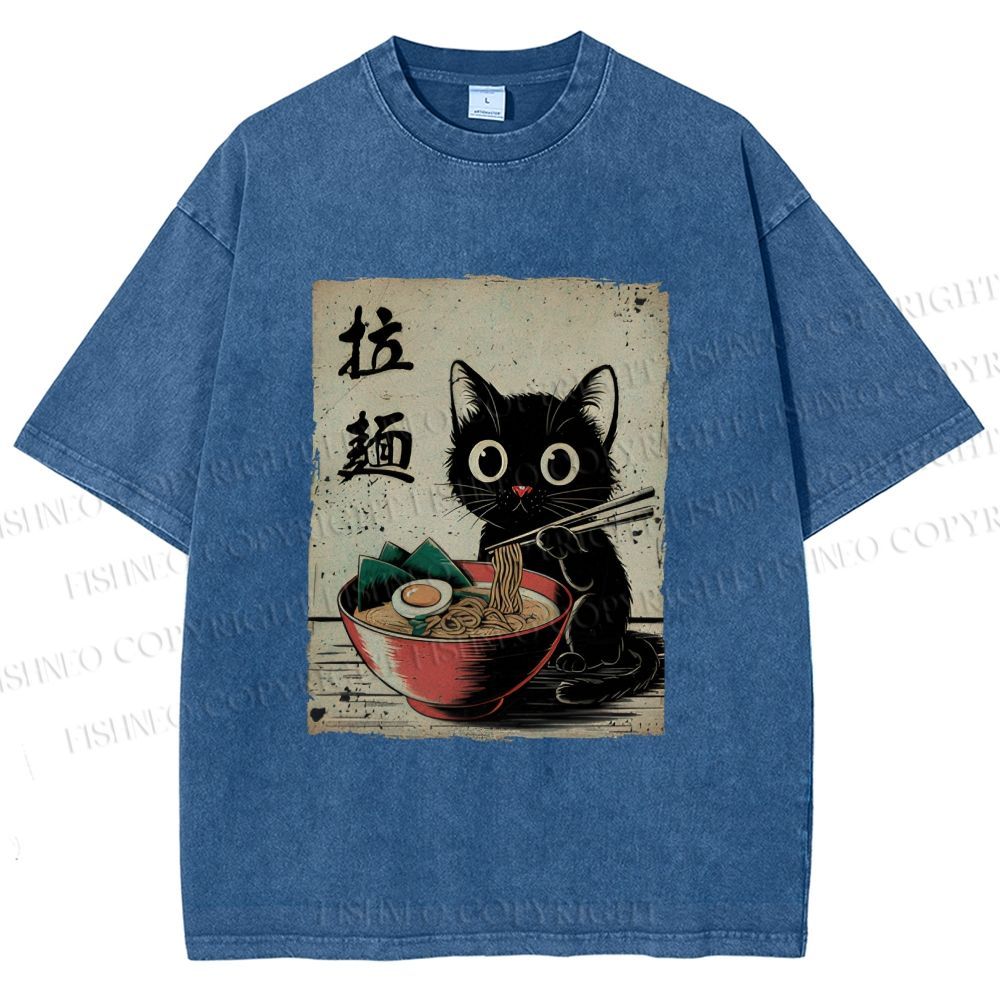 Unisex Adorable Black Cat Enjoying Ramen Printed Washed Tee