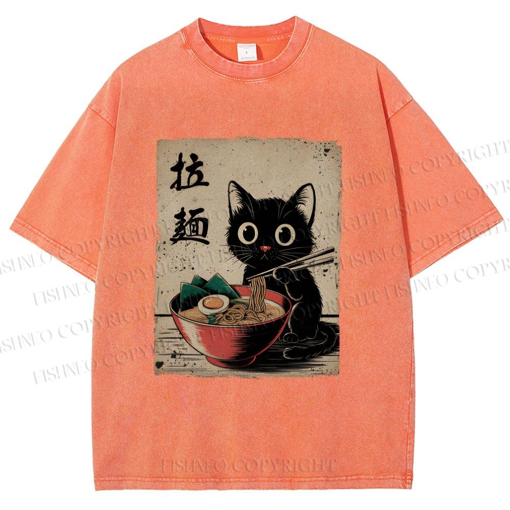 Unisex Adorable Black Cat Enjoying Ramen Printed Washed Tee