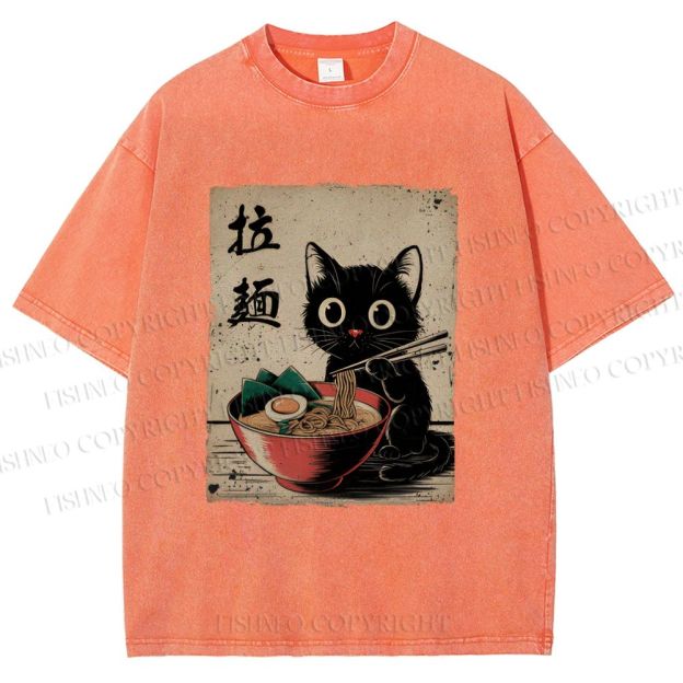 Unisex Adorable Black Cat Enjoying Ramen Printed Washed Tee
