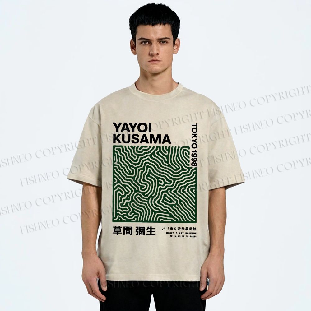 Unisex Yayoi Kusama Green Line Printed Washed Tee
