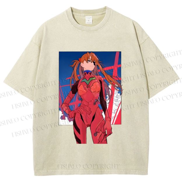 Unisex Neon Genesis Evangelion Asuka Printed Washed Tee