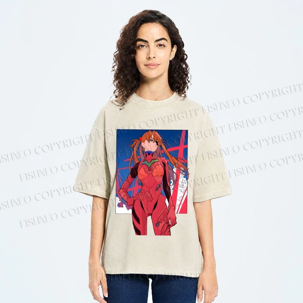 Unisex Neon Genesis Evangelion Asuka Printed Washed Tee