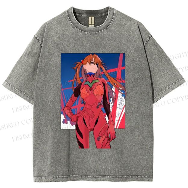 Unisex Neon Genesis Evangelion Asuka Printed Washed Tee