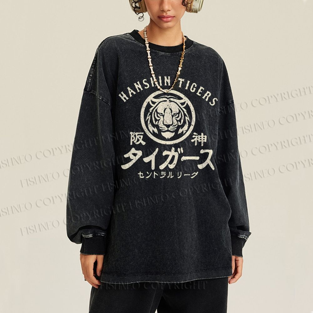 Unisex Casual Washed Old Style Hanshin Tigers Printed Long Sleeve T-shirt