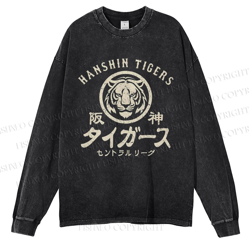 Unisex Casual Washed Old Style Hanshin Tigers Printed Long Sleeve T-shirt