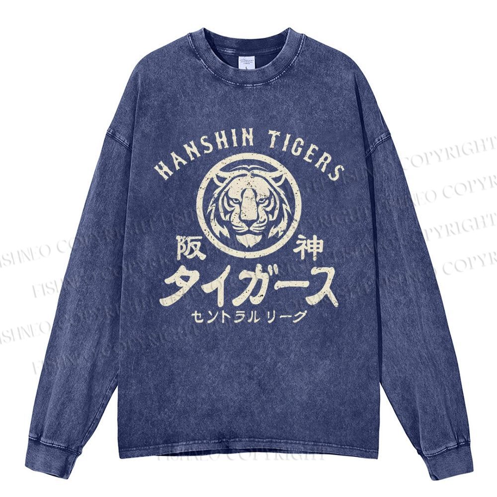 Unisex Casual Washed Old Style Hanshin Tigers Printed Long Sleeve T-shirt