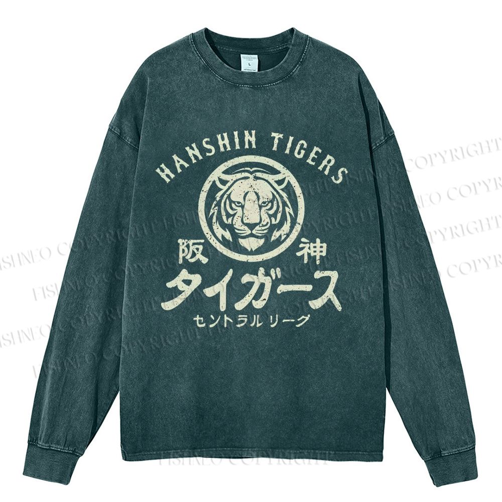 Unisex Casual Washed Old Style Hanshin Tigers Printed Long Sleeve T-shirt