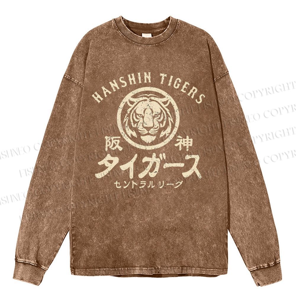 Unisex Casual Washed Old Style Hanshin Tigers Printed Long Sleeve T-shirt