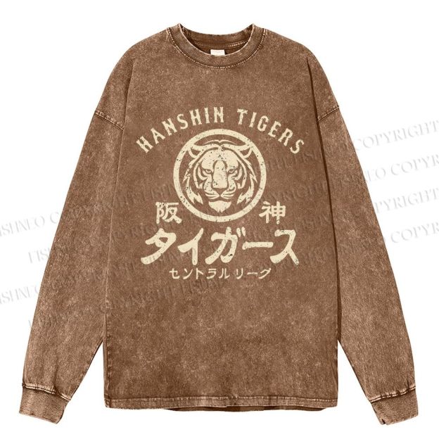 Unisex Casual Washed Old Style Hanshin Tigers Printed Long Sleeve T-shirt