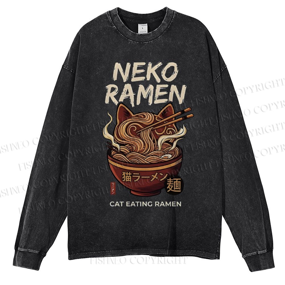 Unisex Casual Washed Neko Ramen Printed Long Sleeve T-shirt