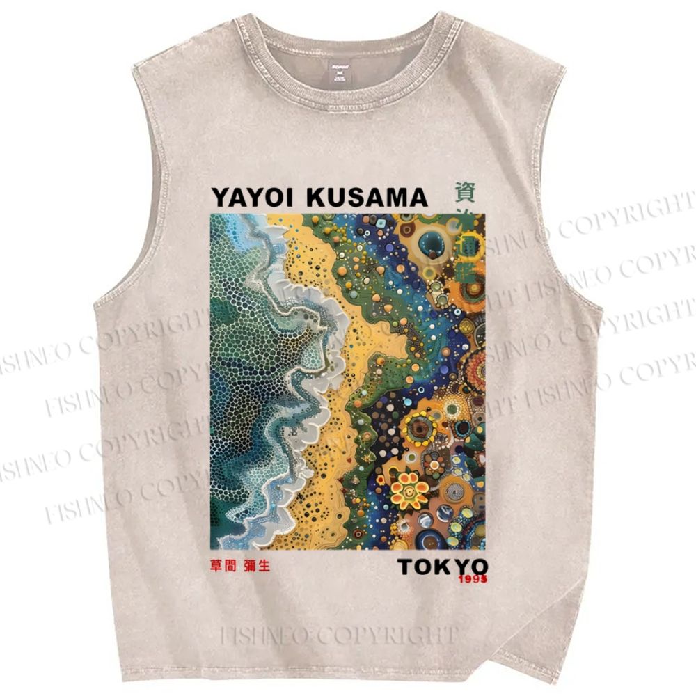 Unisex Japanese Yayoi Kusama Flowers Beach Printed Washed Tank Top