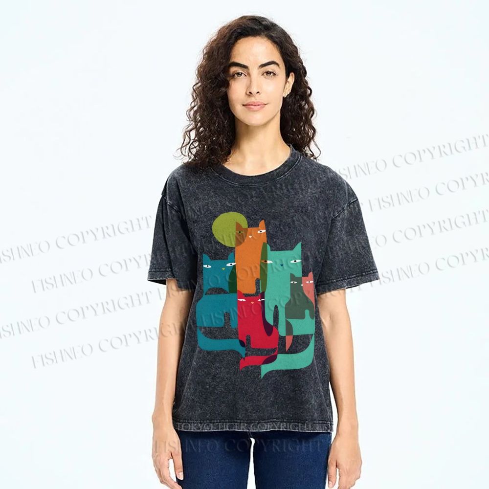 Unisex Overlapping Cats Printed Washed Tee
