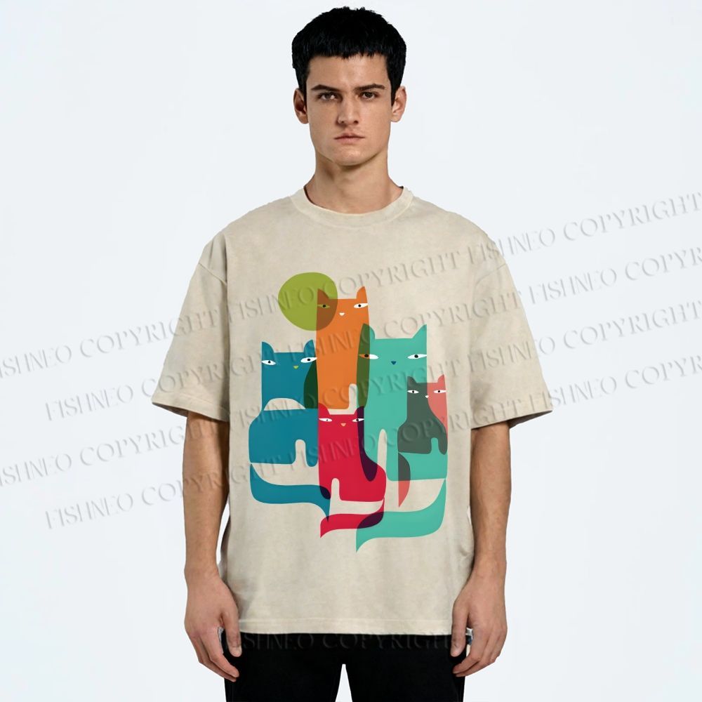 Unisex Overlapping Cats Printed Washed Tee