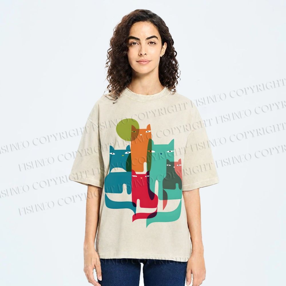 Unisex Overlapping Cats Printed Washed Tee