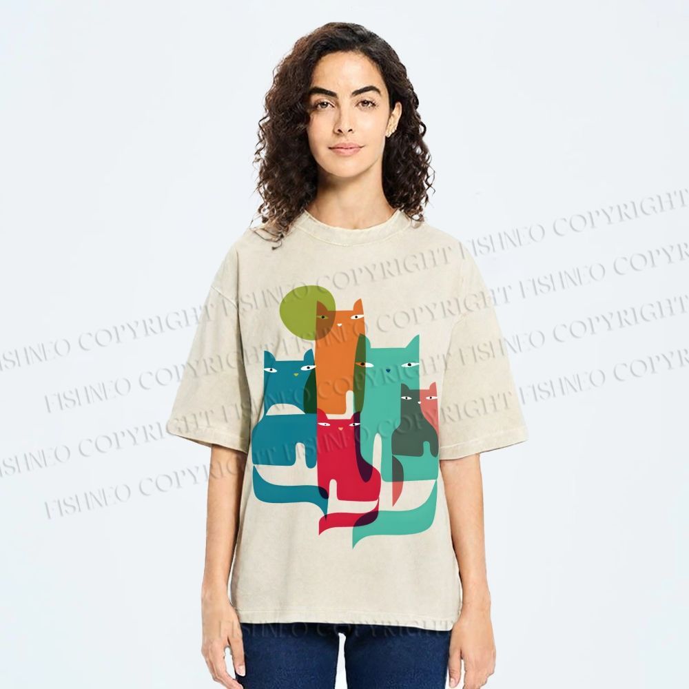 Unisex Overlapping Cats Printed Washed Tee