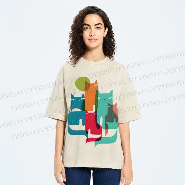 Unisex Overlapping Cats Printed Washed Tee