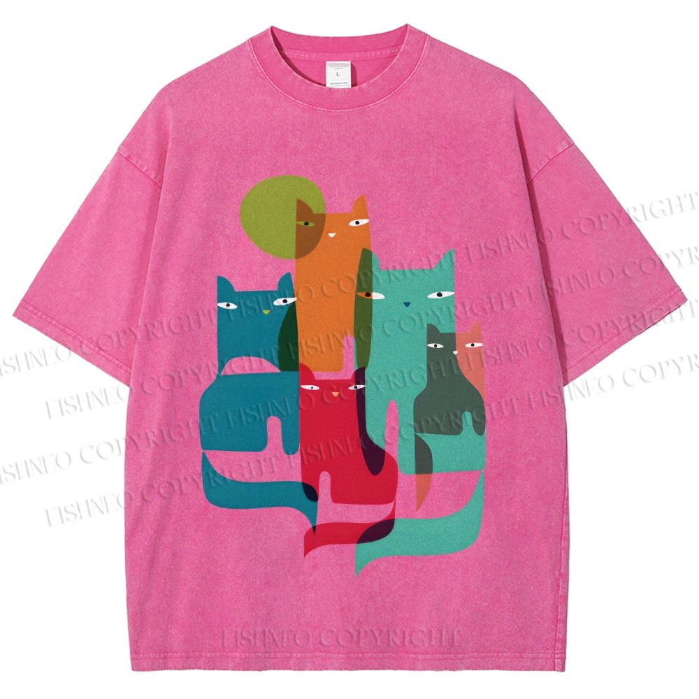 Unisex Overlapping Cats Printed Washed Tee