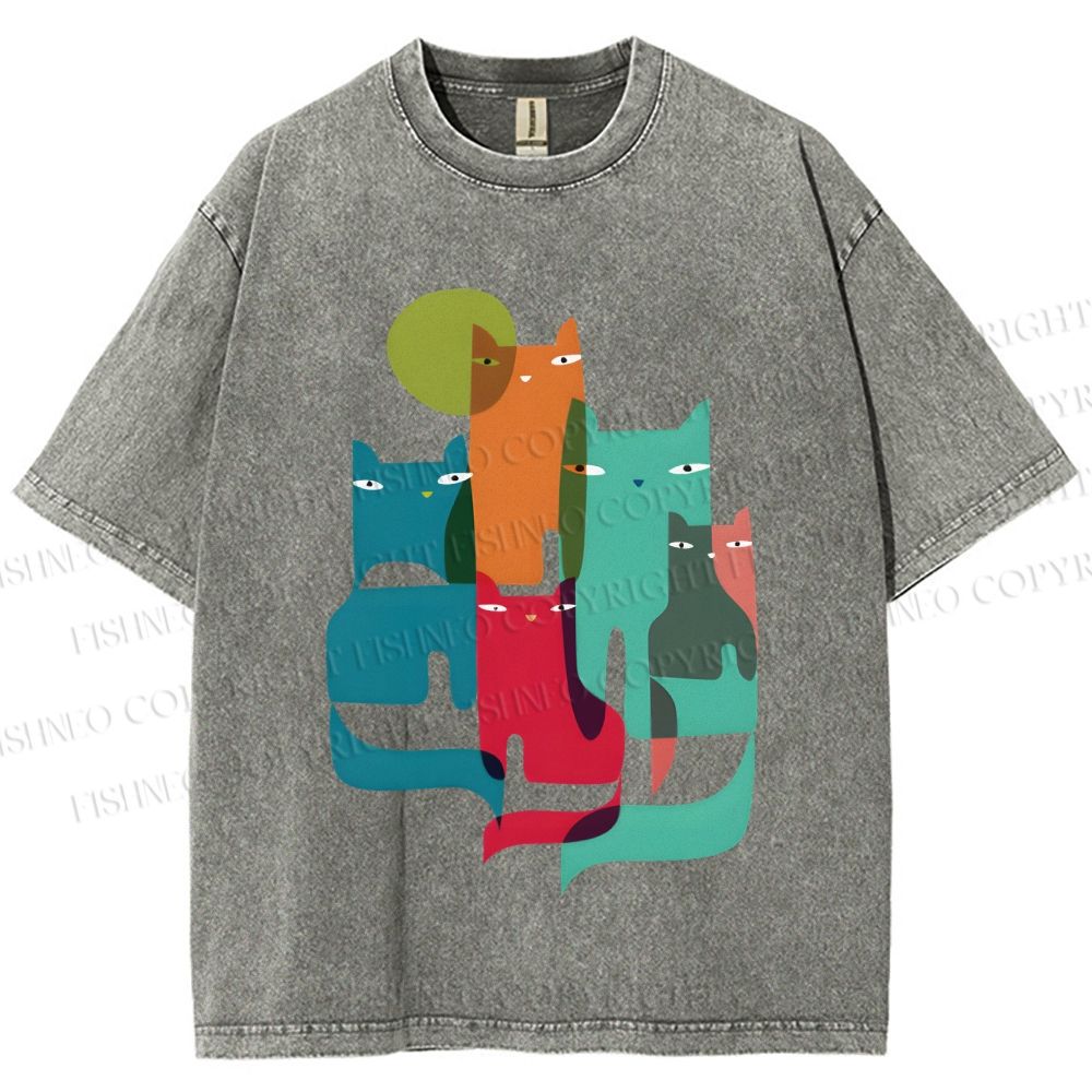 Unisex Overlapping Cats Printed Washed Tee