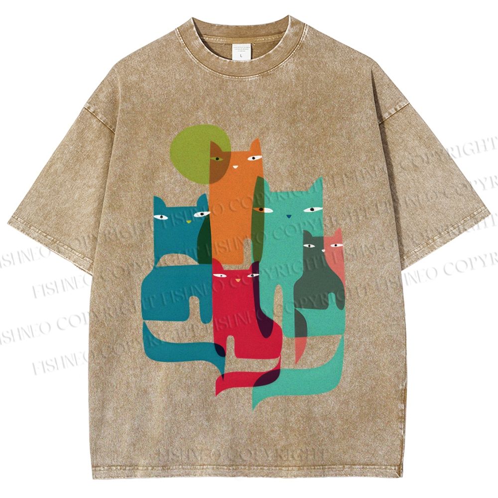 Unisex Overlapping Cats Printed Washed Tee