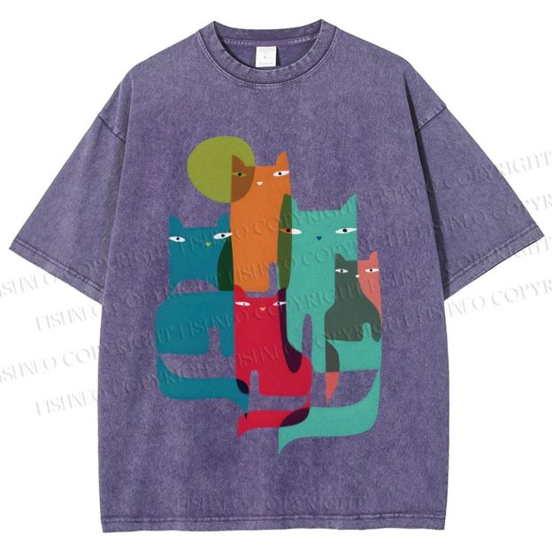Unisex Overlapping Cats Printed Washed Tee