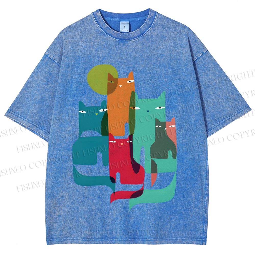 Unisex Overlapping Cats Printed Washed Tee