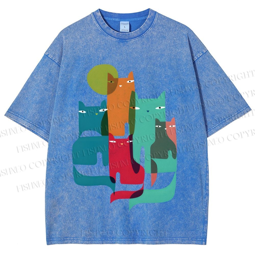 Unisex Overlapping Cats Printed Washed Tee
