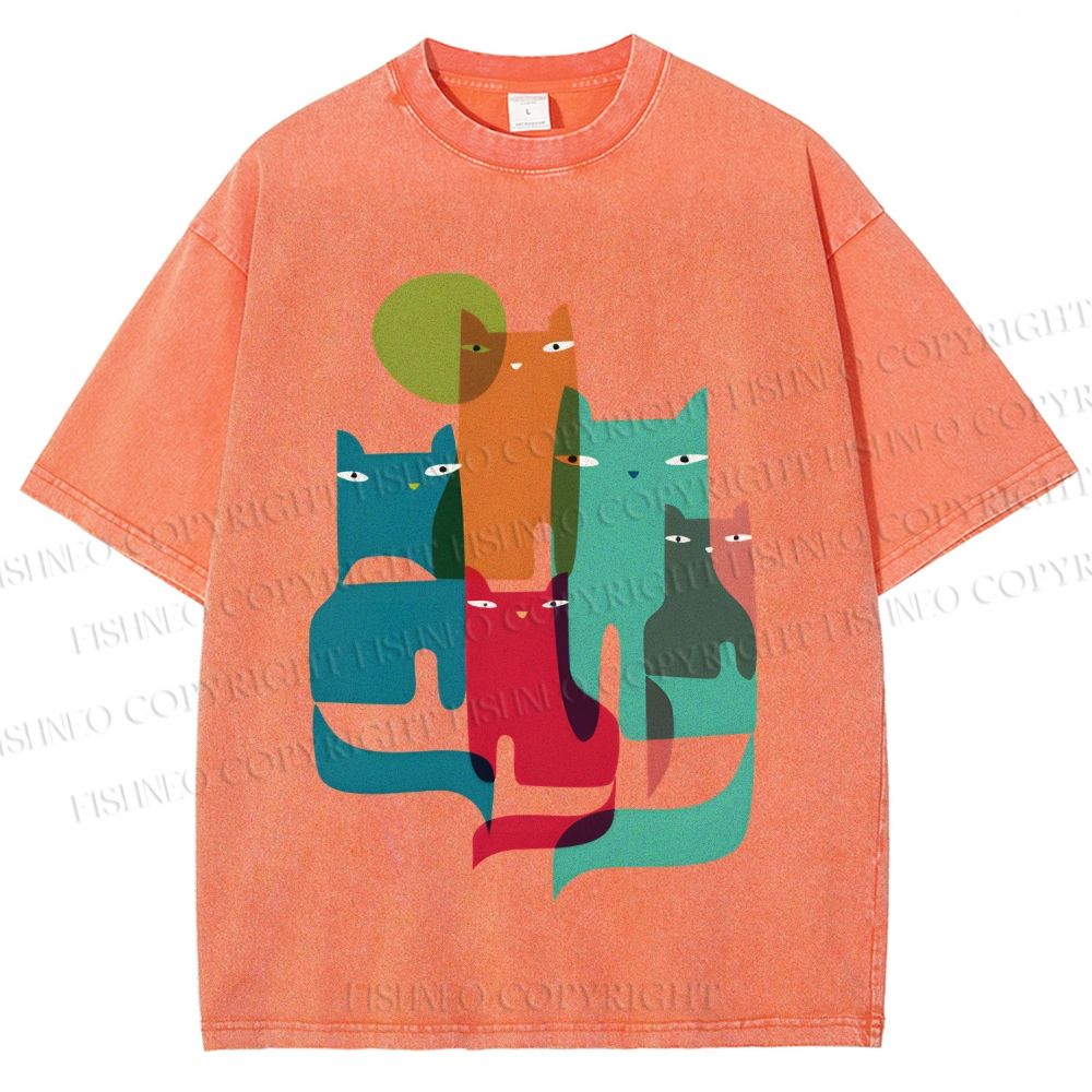 Unisex Overlapping Cats Printed Washed Tee