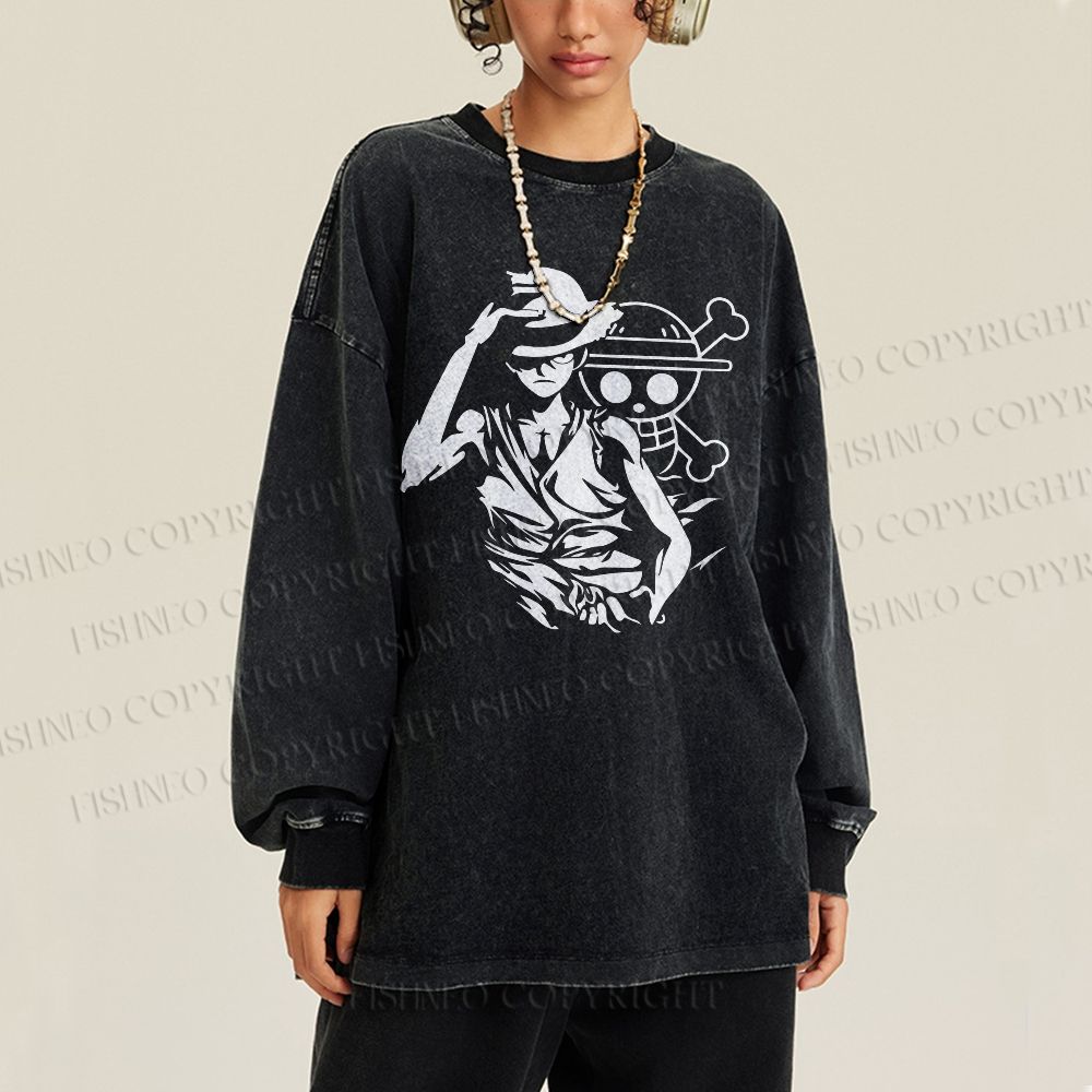 Unisex Casual Washed One Piece Printed Long Sleeve T-shirt