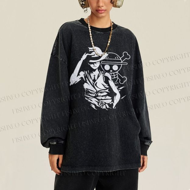 Unisex Casual Washed One Piece Printed Long Sleeve T-shirt