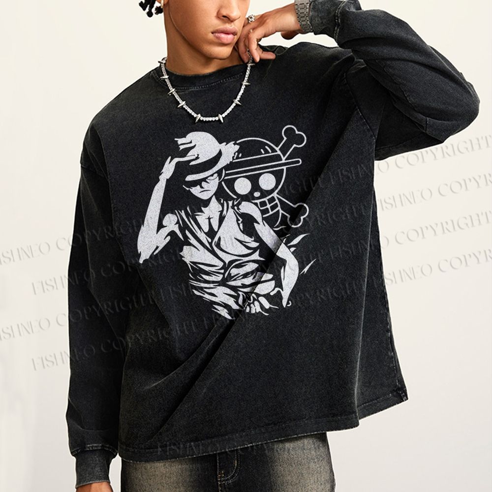 Unisex Casual Washed One Piece Printed Long Sleeve T-shirt