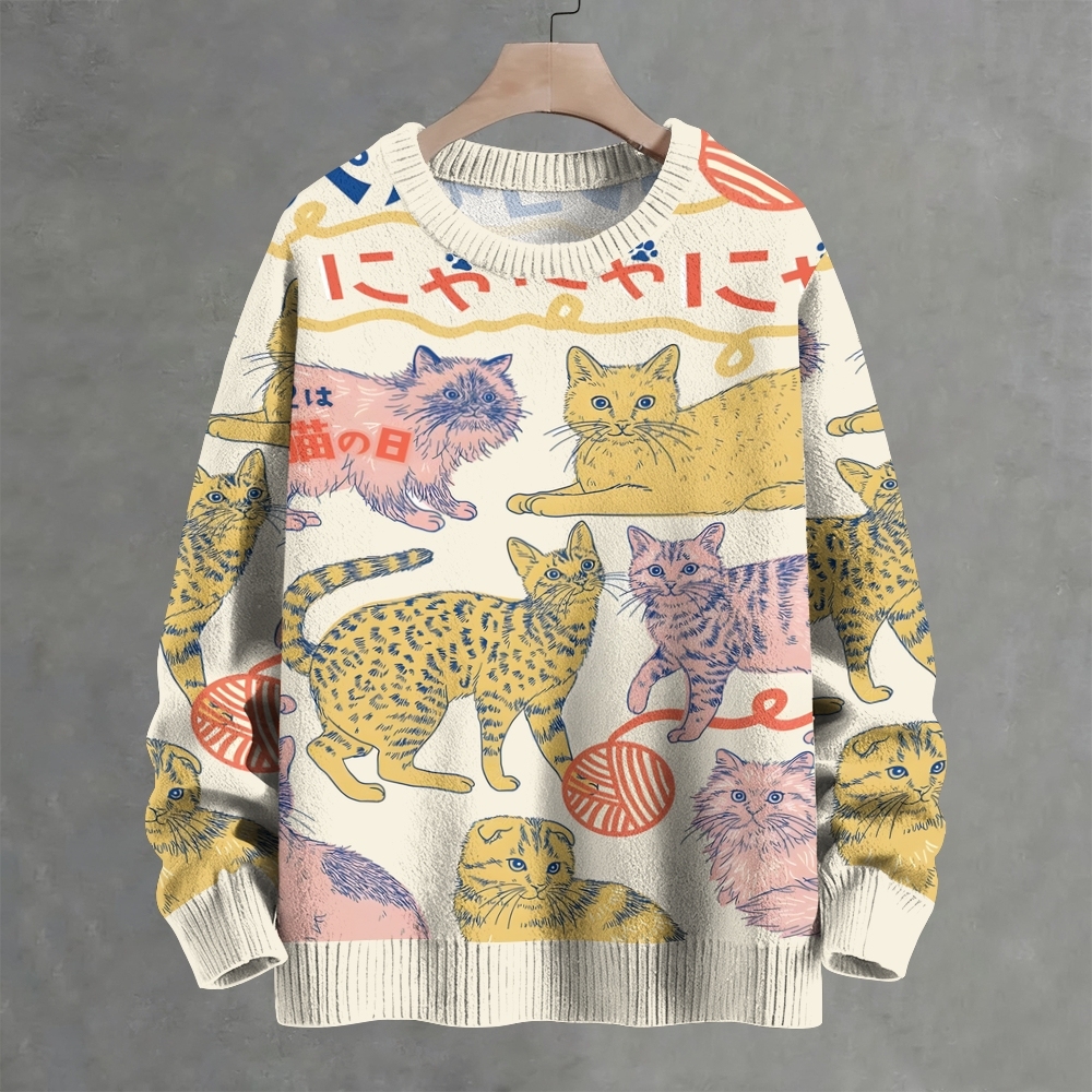 Cartoon Art Cat Printed Crew Neck Sweater