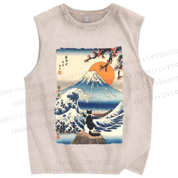 Unisex Japanese Ukiyo-e Wave Mount Fuji Cat Printed Washed Tank Top