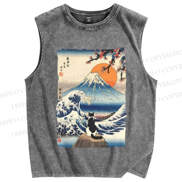 Unisex Japanese Ukiyo-e Wave Mount Fuji Cat Printed Washed Tank Top