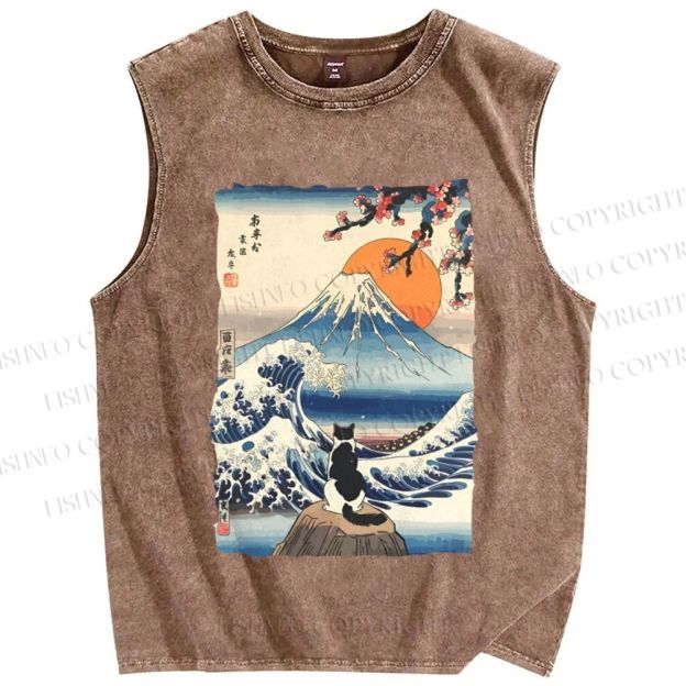 Unisex Japanese Ukiyo-e Wave Mount Fuji Cat Printed Washed Tank Top