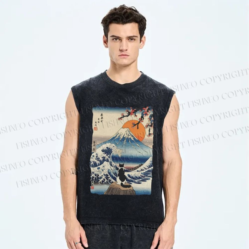 Unisex Japanese Ukiyo-e Wave Mount Fuji Cat Printed Washed Tank Top