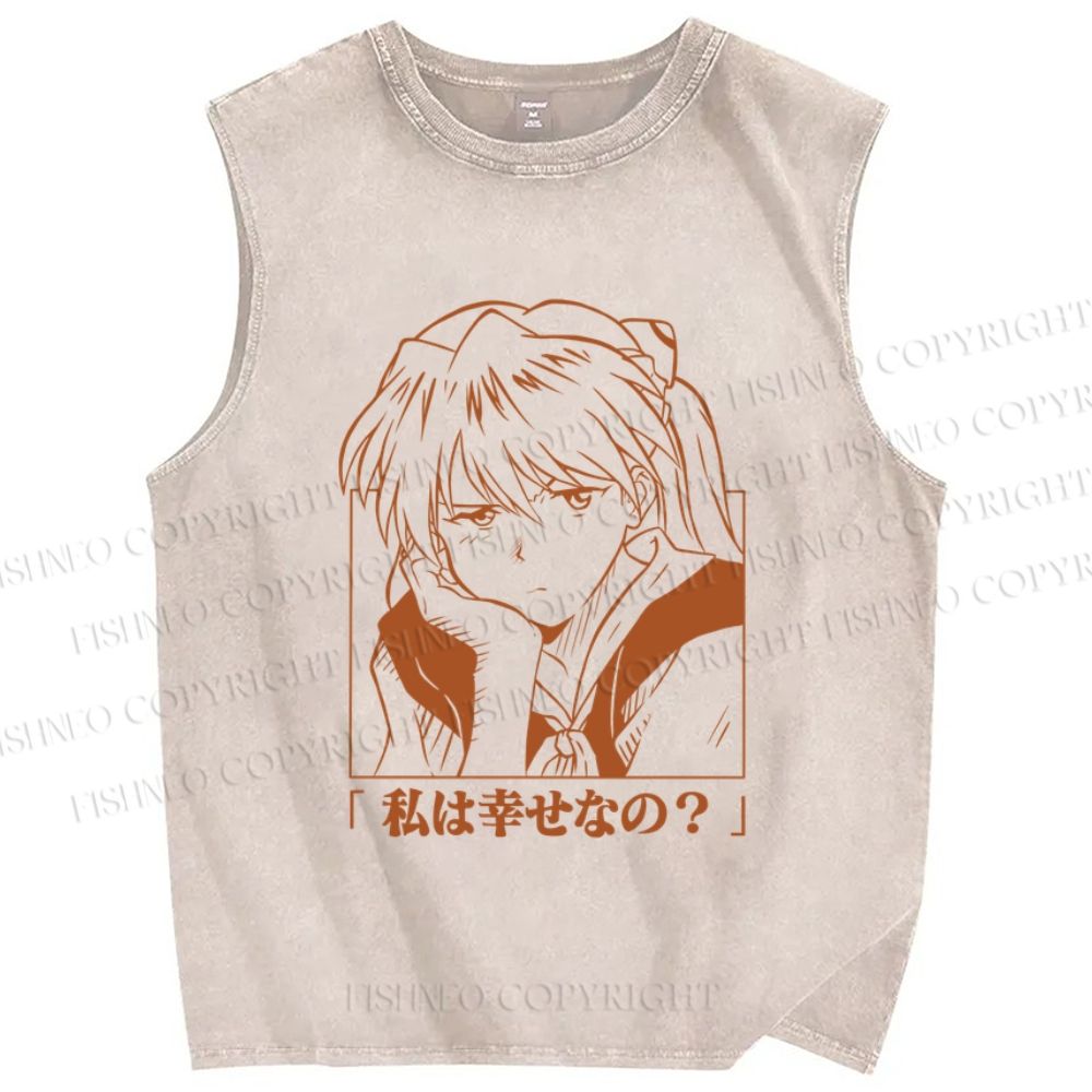 Unisex Neon Genesis Evangelion Asuka Printed Washed Tank Top