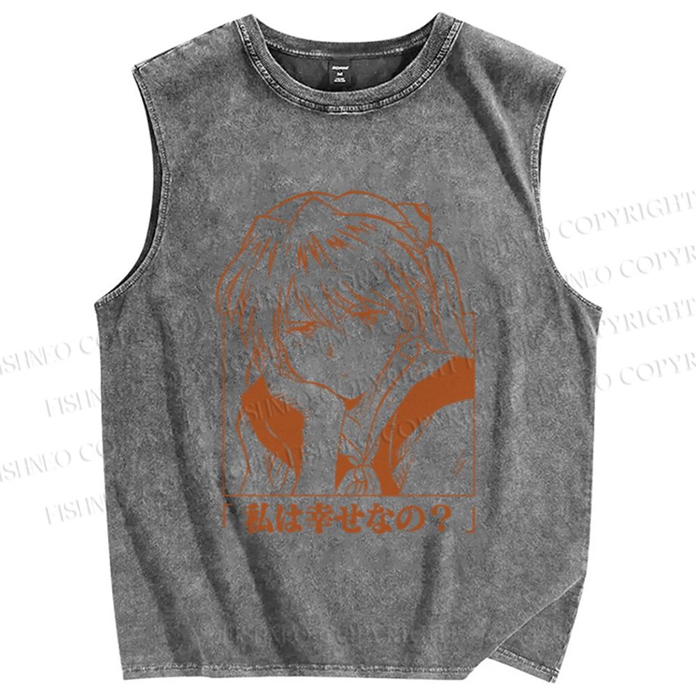 Unisex Neon Genesis Evangelion Asuka Printed Washed Tank Top
