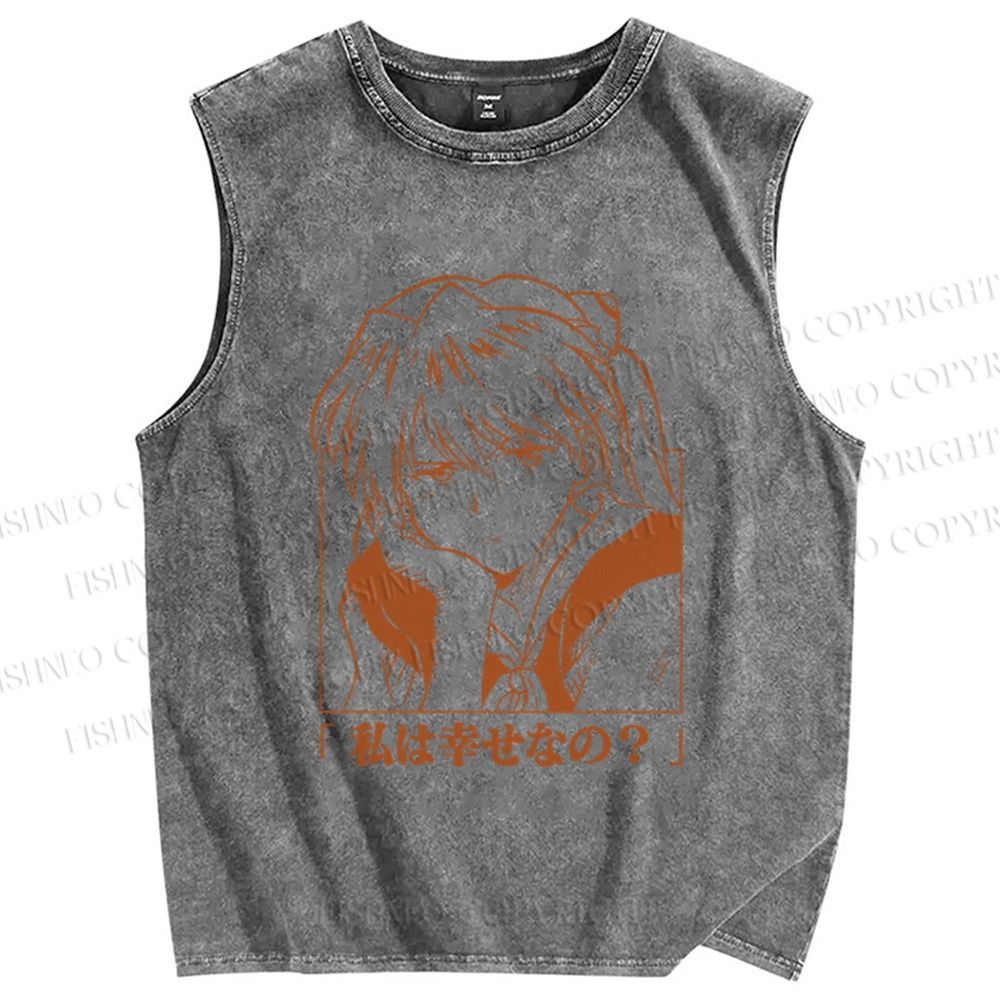 Unisex Neon Genesis Evangelion Asuka Printed Washed Tank Top