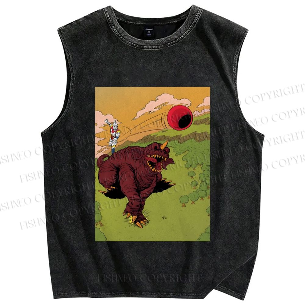 Unisex Godzilla vs Ultra Man Printed Washed Tank Top