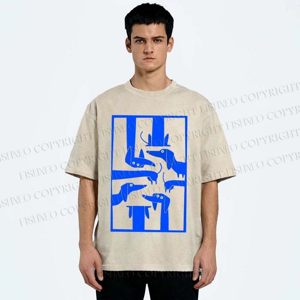 Unisex Geometric Dachshund Dog Printed Washed Tee