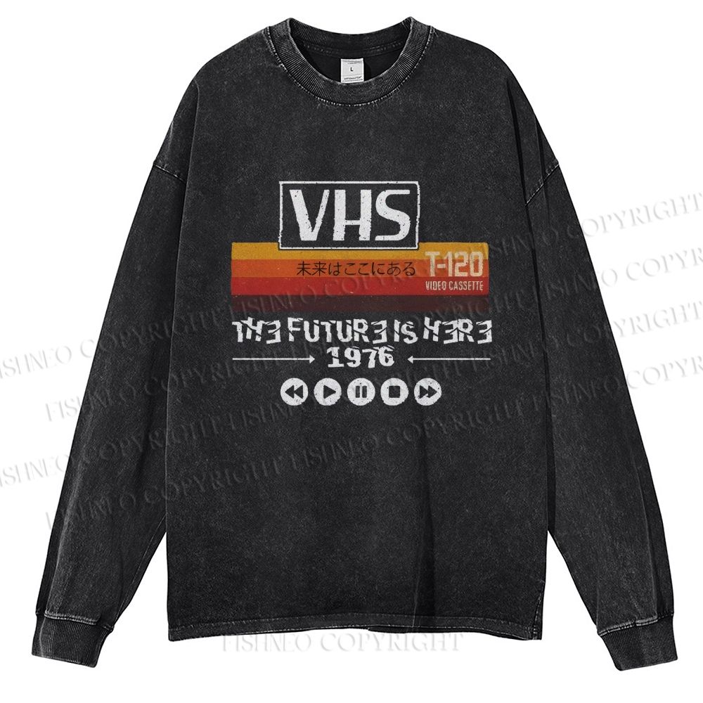 Unisex Casual Washed VHS The Future Is Here Printed Long Sleeve T-shirt
