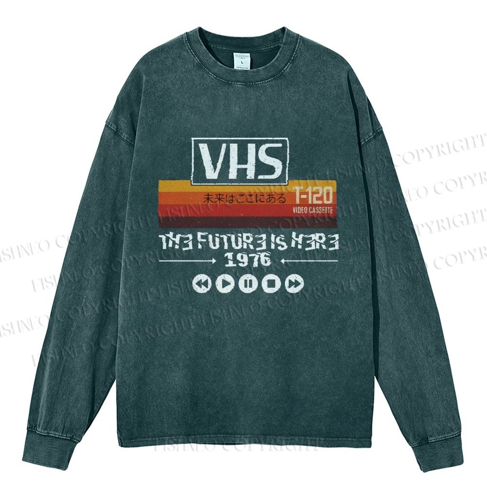 Unisex Casual Washed VHS The Future Is Here Printed Long Sleeve T-shirt