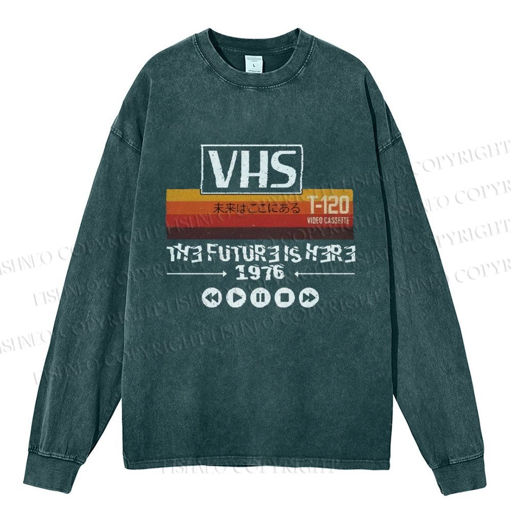 Unisex Casual Washed VHS The Future Is Here Printed Long Sleeve T-shirt